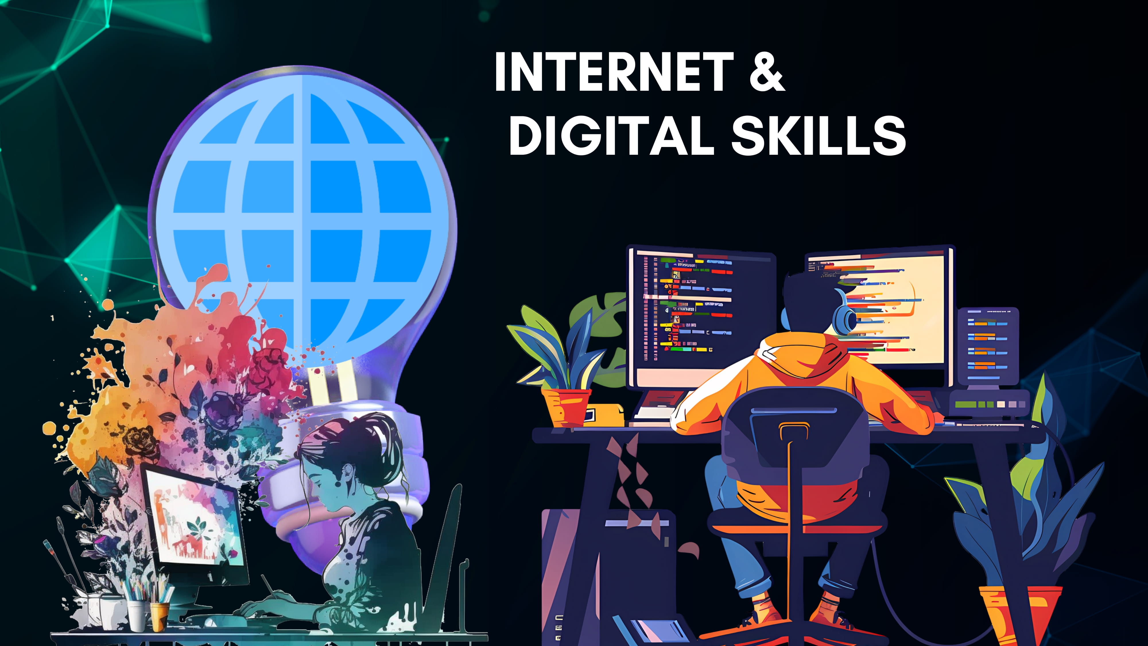 Infographic showing a desktop computer, laptop, and basic hardware components like CPU, mouse, and keyboard with neon highlights on a dark background